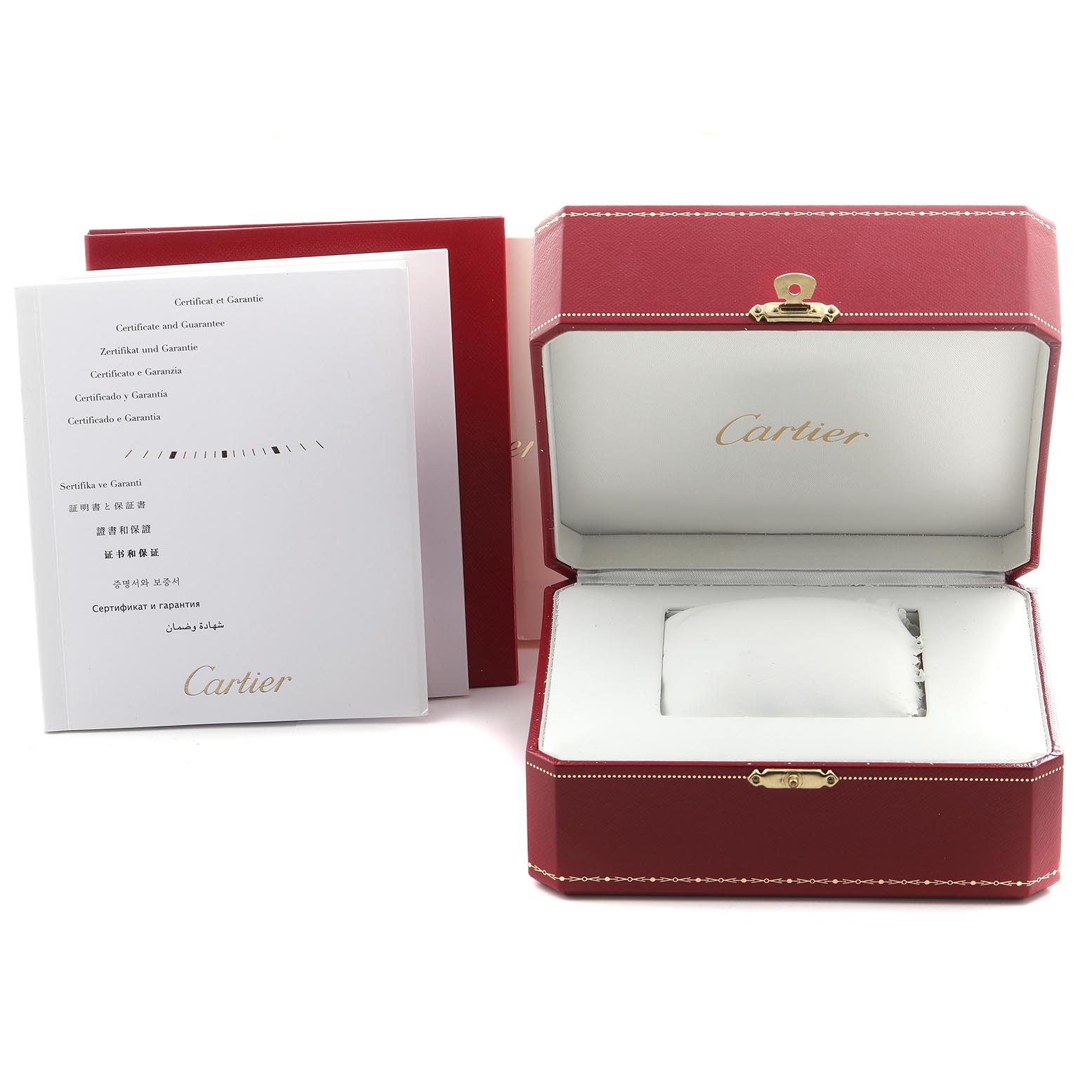The image shows an open Cartier Ronde W6701004 Women's Stainless Steel Silver Dial W6701004 Women's Stainless Steel Silver Dial model watch box, certificate, and guarantee documents from a frontal angle.