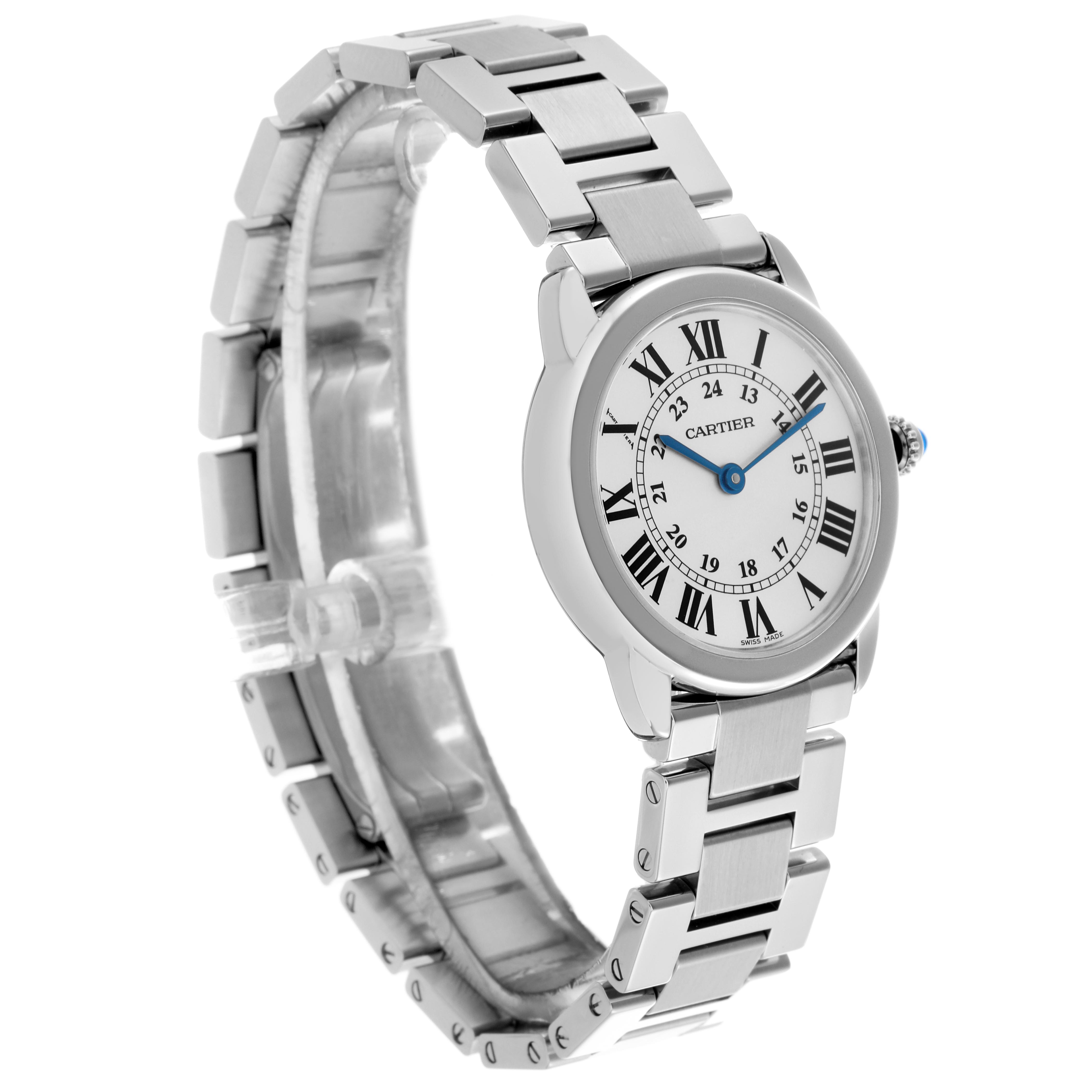 The Cartier Ronde W6701004 Women's Stainless Steel Silver Dial W6701004 Women's Stainless Steel Silver Dial watch is shown at a three-quarter angle, highlighting the face, bracelet, and crown.