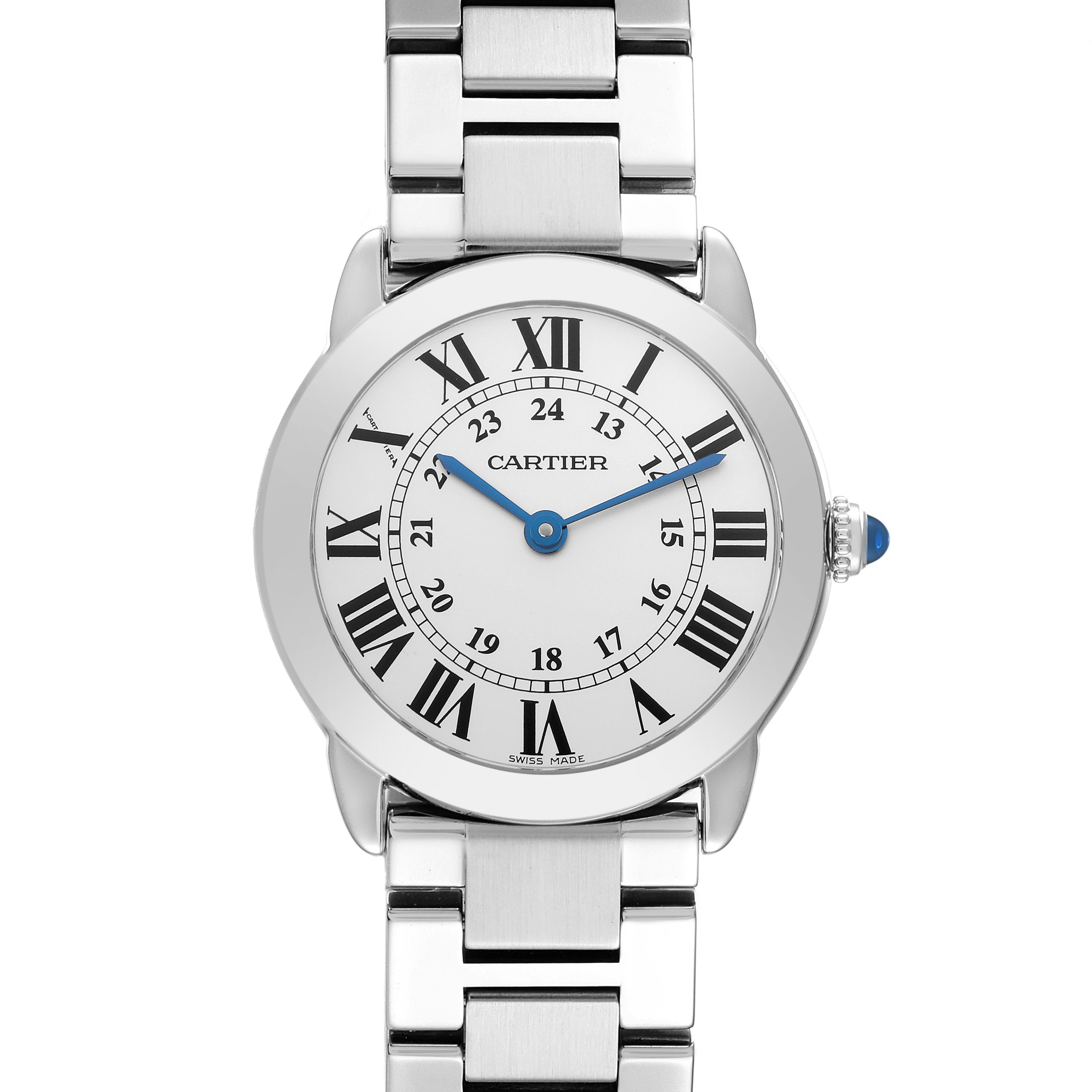 The Cartier Ronde W6701004 Women's Stainless Steel Silver Dial W6701004 Women's Stainless Steel Silver Dial watch is shown from the front, displaying the face with Roman numerals and metal bracelet.