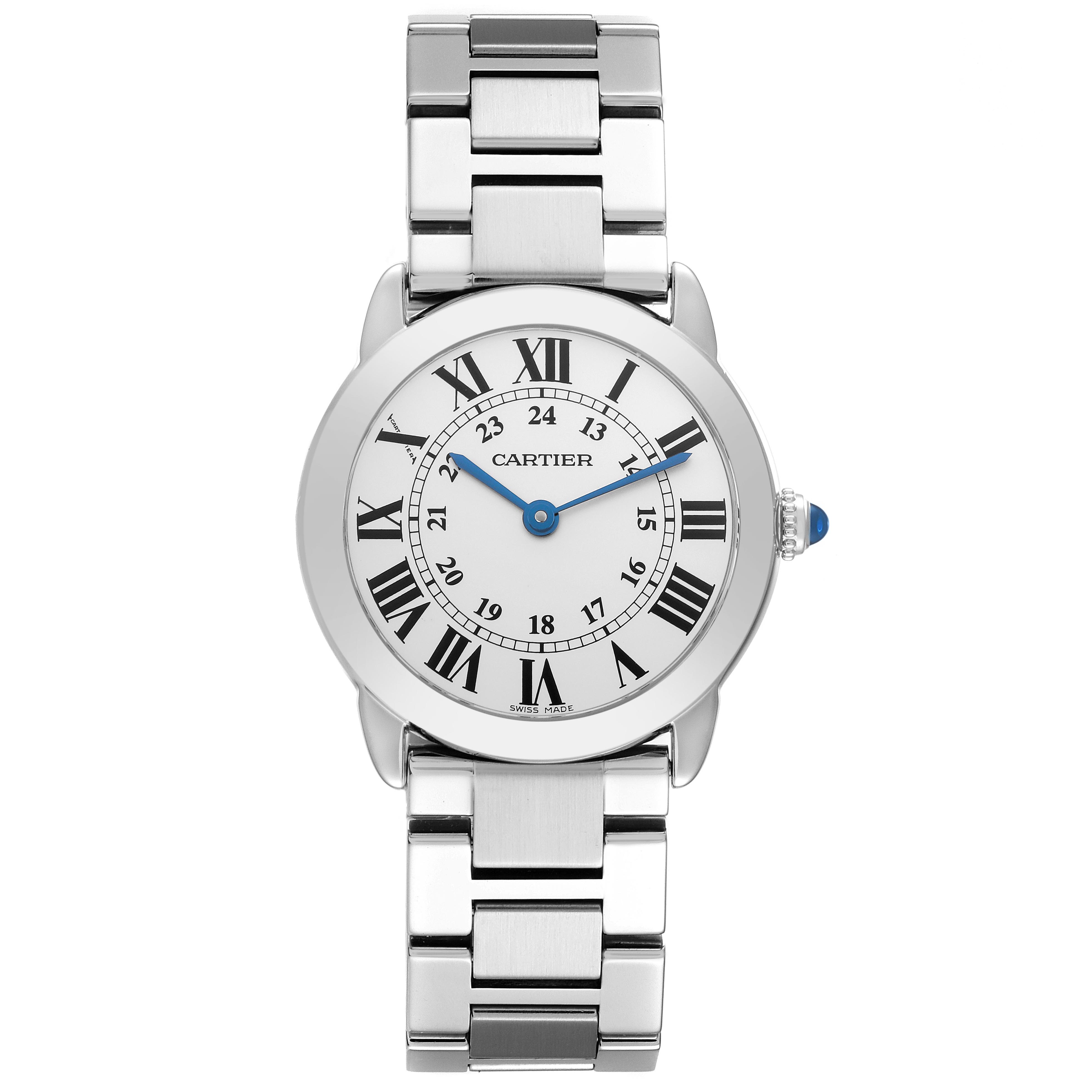 The image shows a front view of the Cartier Ronde W6701004 Women's Stainless Steel Silver Dial W6701004 Women's Stainless Steel Silver Dial watch, featuring its dial, bracelet, and crown with a blue cabochon.