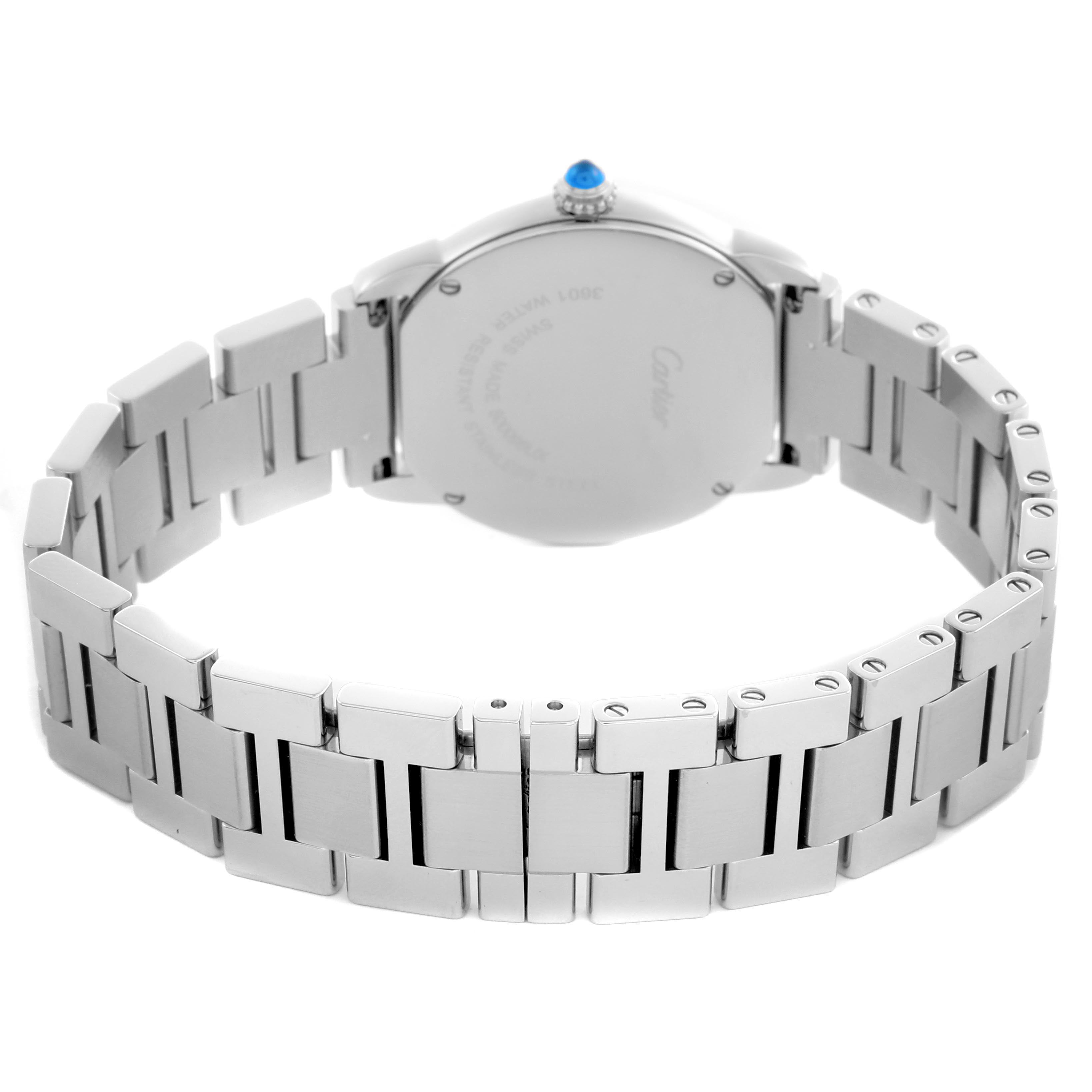 The image shows the back of a Cartier Ronde W6701004 Women's Stainless Steel Silver Dial W6701004 Women's Stainless Steel Silver Dial watch from a rear angle, highlighting the case back and metal bracelet.