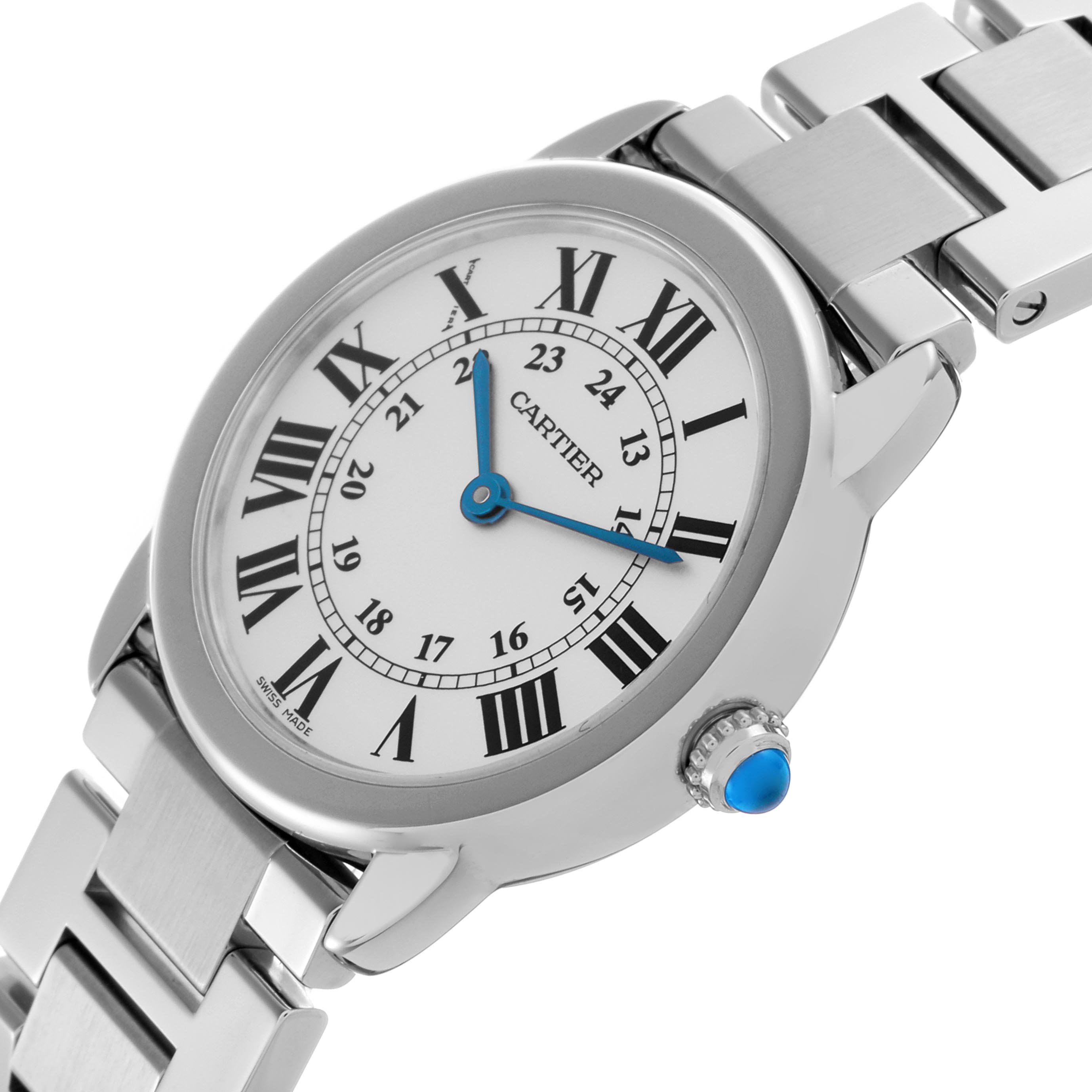 The Cartier Ronde W6701004 Women's Stainless Steel Silver Dial W6701004 Women's Stainless Steel Silver Dial watch is shown at an angled top-side view, highlighting the face, Roman numerals, hands, and a portion of the metal bracelet.