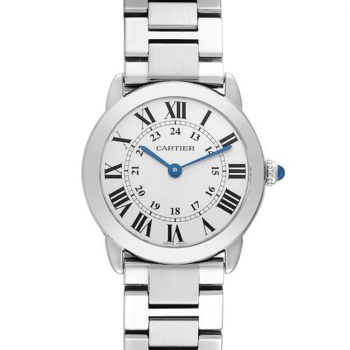 The image shows a Cartier Ronde W6701004 Women's Stainless Steel Silver Dial W6701004 Women's Stainless Steel Silver Dial watch from the front, highlighting the dial, Roman numerals, blue hands, and metal bracelet.