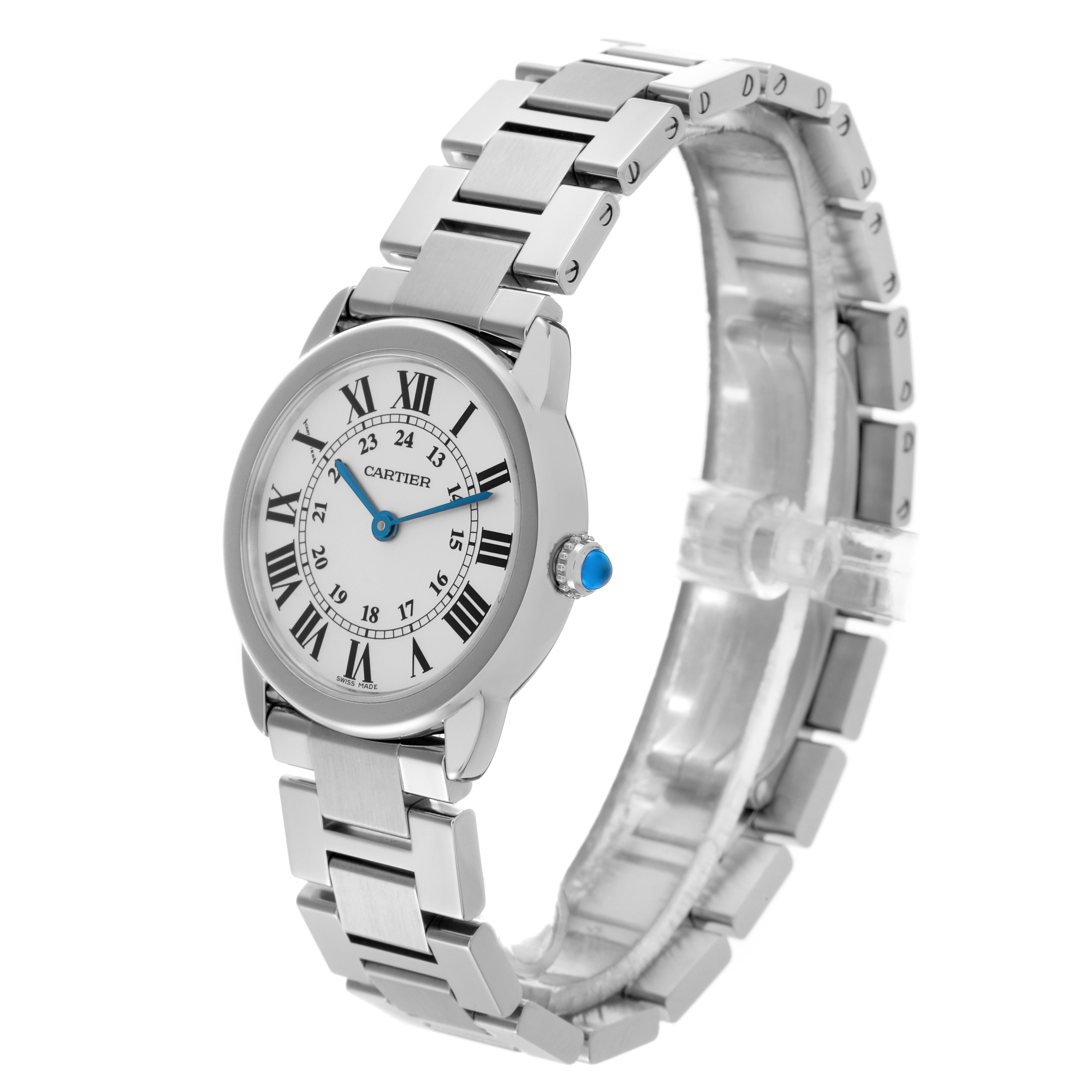 The Cartier Ronde W6701004 Women's Stainless Steel Silver Dial W6701004 Women's Stainless Steel Silver Dial watch is shown at a three-quarter angle, highlighting its round face, Roman numerals, and metal bracelet.