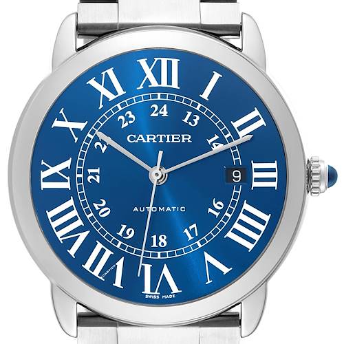 The Cartier Ronde WSRN0023 Men's Stainless Steel Blue Dial WSRN0023 Men's Stainless Steel Blue Dial watch is shown from the front, displaying its blue dial, Roman numerals, and a metal strap.