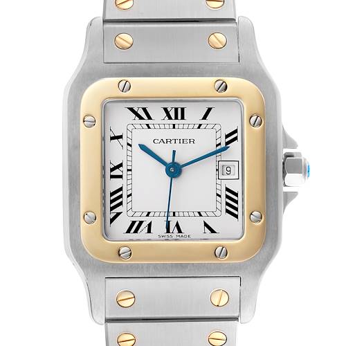 The Cartier Santos 81036288 Men's Steel and Gold (two tone) White Dial 81036288 Men's Steel and Gold (two tone) White Dial watch is shown from the front, displaying the face, bezel, crown, and part of the bracelet.