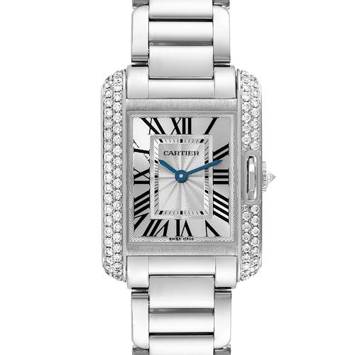 The image displays a front view of the Cartier Tank Anglaise WT100008 Women's White Gold Silver Dial WT100008 Women's White Gold Silver Dial watch, showcasing its rectangular face, Roman numerals, and bracelet.