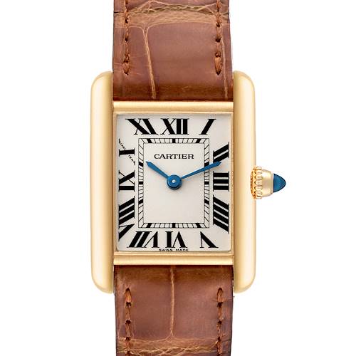 The image shows a Cartier Tank Louis W1529856 Women's Yellow Gold Silver Dial W1529856 Women's Yellow Gold Silver Dial watch from a frontal angle, highlighting the face, strap, and side crown.