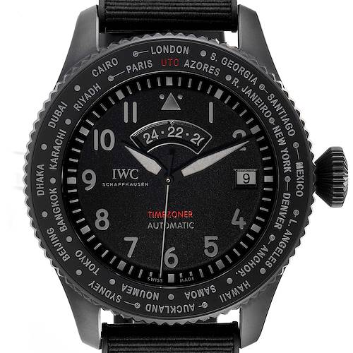 This image shows a frontal view of the IWC Pilot IW395505 Men's Ceramic Black Dial IW395505 Men's Ceramic Black Dial Timezoner watch, highlighting the dial, bezel, and crown.