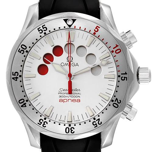 The Omega Seamaster 2895.30.91 Men's Stainless Steel Silver Dial 2895.30.91 Men's Stainless Steel Silver Dial watch is shown from a front angle, highlighting the dial, bezel, and pushers on the side.