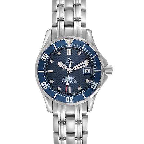 The Omega 2583.80.00 Women's Stainless Steel Blue Dial 2583.80.00 Women's Stainless Steel Blue Dial Seamaster Diver 300M watch is shown from a front angle, highlighting its blue dial, bezel, and steel bracelet.