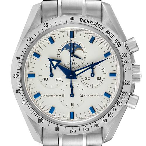 This image shows a front view of the Omega Speedmaster 3575.20.00 Men's Stainless Steel White Dial 3575.20.00 Men's Stainless Steel White Dial watch, highlighting its dial, sub-dials, tachymeter, and moonphase indicators.