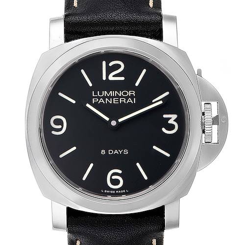 The image shows a frontal view of a Panerai Luminor PAM00560 Men's Stainless Steel Black Dial PAM00560 Men's Stainless Steel Black Dial watch, highlighting its dial, case, and crown guard.