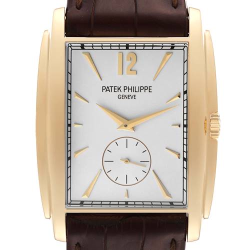 The image shows a front view of a Patek Philippe Gondolo 5124J Men's Yellow Gold Silver Dial 5124J Men's Yellow Gold Silver Dial watch, highlighting its rectangular dial, gold case, and leather strap.