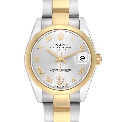 The watch, a Rolex Mid-Size 178243 Women's Steel and Gold (two tone) Silver Dial 178243 Women's Steel and Gold (two tone) Silver Dial Datejust, is shown from a top view, highlighting the silver dial, gold bezel, and two-tone bracelet.