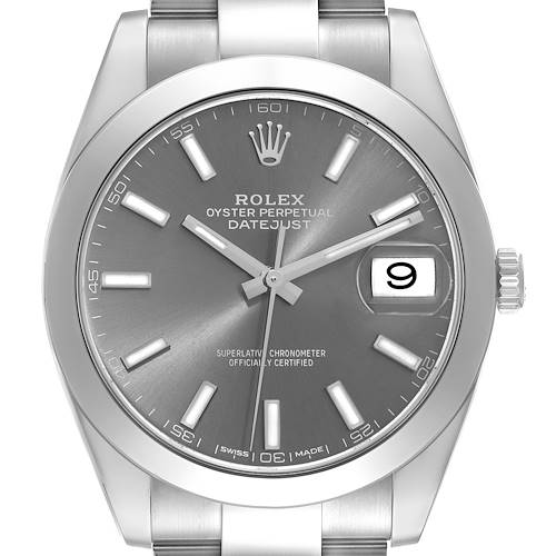 The image shows a front view of the Rolex Datejust 41 126300 Men's Stainless Steel Grey Dial 126300 Men's Stainless Steel Grey Dial model, highlighting its dial, bezel, hands, and date window.