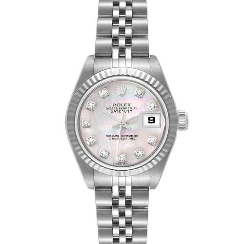 This image shows a front view of the Rolex Datejust 79174 Women's Stainless Steel Mother of Pearl Dial 79174 Women's Stainless Steel Mother of Pearl Dial watch, highlighting the dial, bezel, bracelet, and date window.