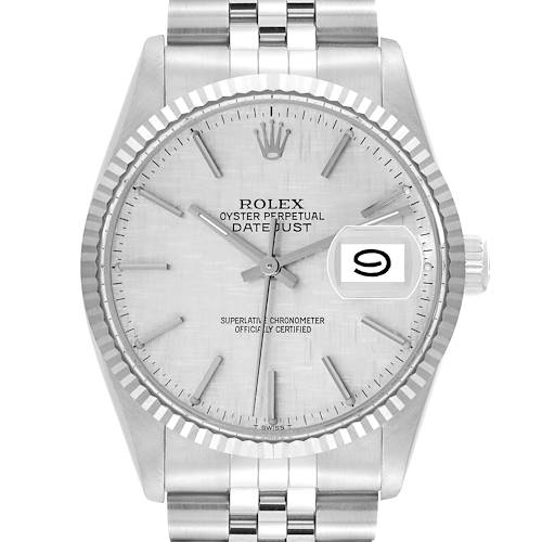 The image shows a front view of a Rolex Vintage Collection 16014 Men's Stainless Steel Silver Dial 16014 Men's Stainless Steel Silver Dial Datejust watch, displaying the face, hands, date window, and part of the bracelet.