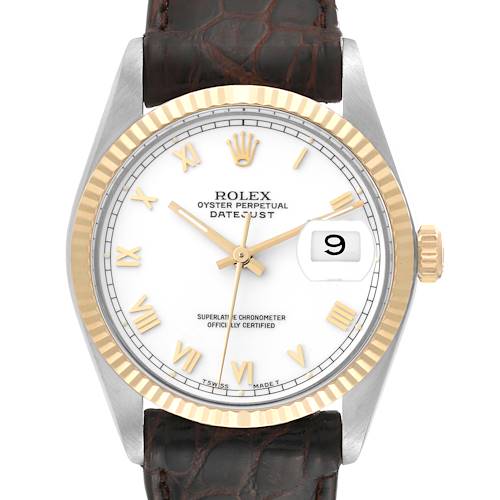 The image shows a front view of a Vintage Collection Rolex Oyster Perpetual Datejust watch, featuring a white dial, gold accents, and a leather strap.