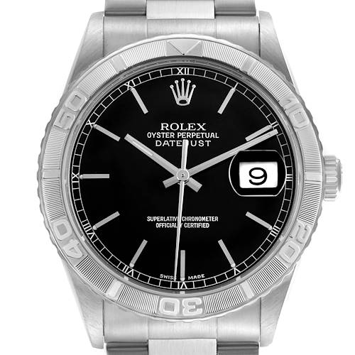 The Rolex Turn-o-Graph 16264 Men's Stainless Steel Black Dial 16264 Men's Stainless Steel Black Dial watch is shown from a front angle, displaying the bezel, dial, hands, and date window.