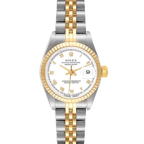 The Rolex Datejust 69173 Women's Steel and Gold (two tone) White Dial 69173 Women's Steel and Gold (two tone) White Dial watch is shown from the front, highlighting its silver and gold bracelet, white dial, and date feature.
