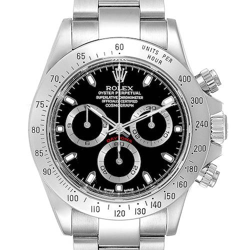 The image shows a front view of the Rolex Daytona 116520 Men's Stainless Steel Black Dial 116520 Men's Stainless Steel Black Dial watch, highlighting its dial, subdials, bezel, and bracelet.