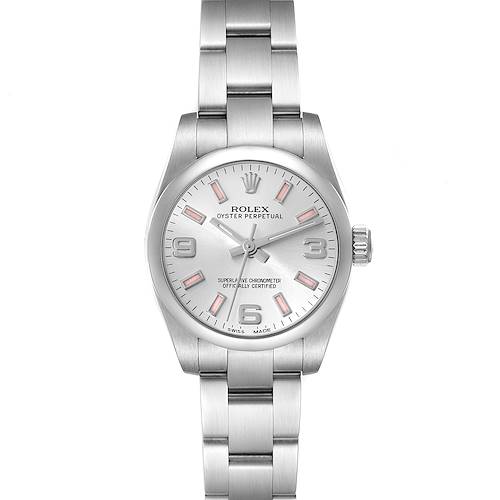 The image shows a front view of a Rolex Oyster Perpetual 176200 Women's Stainless Steel Silver Dial 176200 Women's Stainless Steel Silver Dial watch with its bracelet and crown visible.