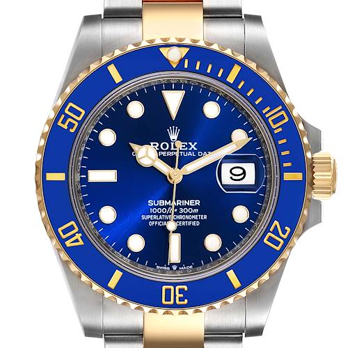 This image shows a frontal view of the Rolex Submariner 126613 Men's Steel and Gold (two tone) Blue Dial 126613 Men's Steel and Gold (two tone) Blue Dial watch, highlighting the blue dial, bezel, and two-tone bracelet.