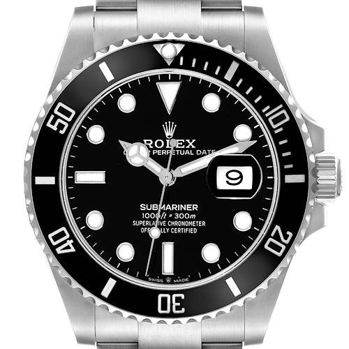 The image shows a frontal view of a Rolex Submariner 126610LN Men's Stainless Steel Black Dial 126610LN Men's Stainless Steel Black Dial watch, highlighting its dial, bezel, and bracelet.
