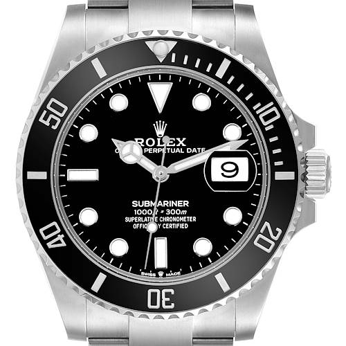 The image shows a front view of the Rolex Submariner 126610LN Men's Stainless Steel Black Dial 126610LN Men's Stainless Steel Black Dial watch, highlighting the dial, bezel, and bracelet.