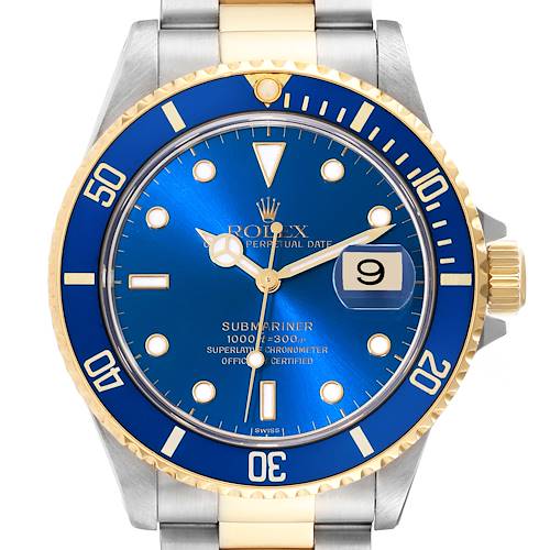 This Rolex Submariner 16613 Men's Steel and Gold (two tone) Blue Dial 16613 Men's Steel and Gold (two tone) Blue Dial watch is shown from the front, displaying its blue dial, gold accents, and bezel with the date feature.