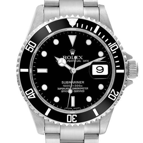 This image shows a front view of a Rolex Submariner 16610 Men's Stainless Steel Black Dial 16610 Men's Stainless Steel Black Dial watch, highlighting the bezel, dial, hands, and crown.