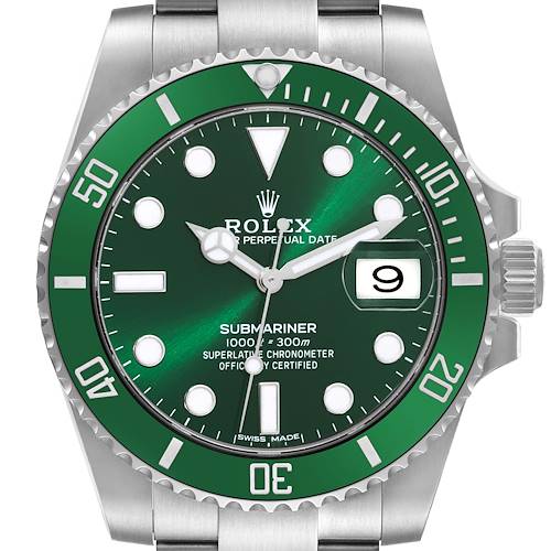 The image shows a close-up of the Rolex Submariner 116610LV Men's Stainless Steel Green Dial 116610LV Men's Stainless Steel Green Dial watch face, bezel, and part of the steel bracelet from the front.
