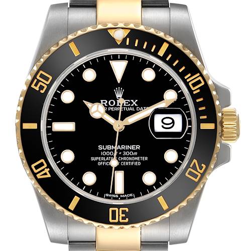 The Rolex Submariner 116613 Men's Steel and Gold (two tone) Black Dial 116613 Men's Steel and Gold (two tone) Black Dial watch is shown from the front, displaying the bezel, dial, hands, date function, and part of the bracelet.
