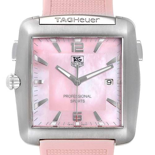 This image shows the frontal view of a Tag Heuer Monaco WAE1114.FT6011 Women's Stainless Steel Mother of Pearl Dial WAE1114.FT6011 Women's Stainless Steel Mother of Pearl Dial watch with a pink dial and leather strap.