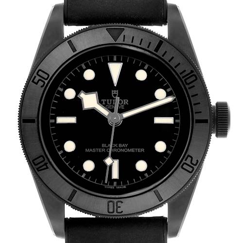The Tudor Heritage Black Bay 79210 Men's Ceramic Black Dial 79210 Men's Ceramic Black Dial watch is shown from the front, highlighting the dial, bezel, and strap.