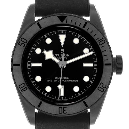 The image shows a front view of the Tudor Heritage Black Bay 79210CNU Men's Ceramic Black Dial 79210CNU Men's Ceramic Black Dial watch, highlighting its black dial, markers, and bezel.