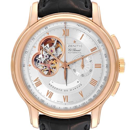 The Zenith Chronomaster 18.1260.4021/01.C50 Men's Rose Gold Silver Dial 18.1260.4021/01.C50 Men's Rose Gold Silver Dial watch is shown from a front angle, displaying the dial, hands, open heart, and part of the black leather strap.