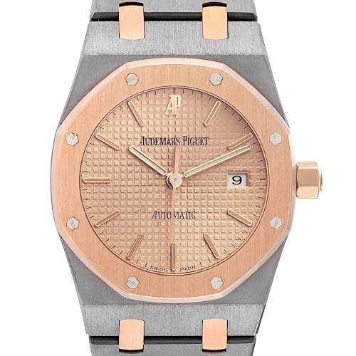 The Audemars Piguet Royal Oak 15000TR Men's Titanium Pink Dial is shown from a front angle, displaying the face, bezel, and part of the bracelet.