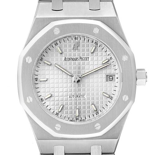 The image shows a frontal view of the Audemars Piguet Royal Oak 14790ST Men's Stainless Steel Silver Dial 14790ST Men's Stainless Steel Silver Dial watch, highlighting the face, bezel, and part of the bracelet.