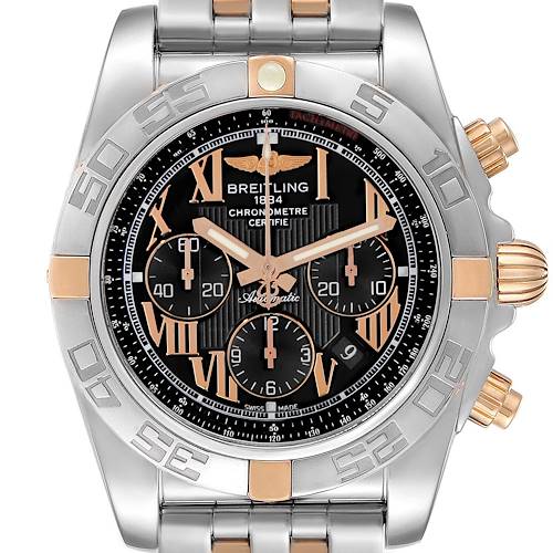 The Breitling Chronomat IB0110 Men's Steel and Gold (two tone) Black Dial IB0110 Men's Steel and Gold (two tone) Black Dial watch is shown from a front angle, highlighting the dial, bezel, bracelet, and crown.