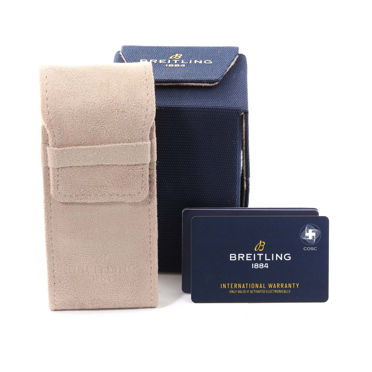 This image shows accessories of a Breitling Colt A13388 Men's Stainless Steel White Dial A13388 Men's Stainless Steel White Dial watch, including a suede case, a box, and an international warranty card.