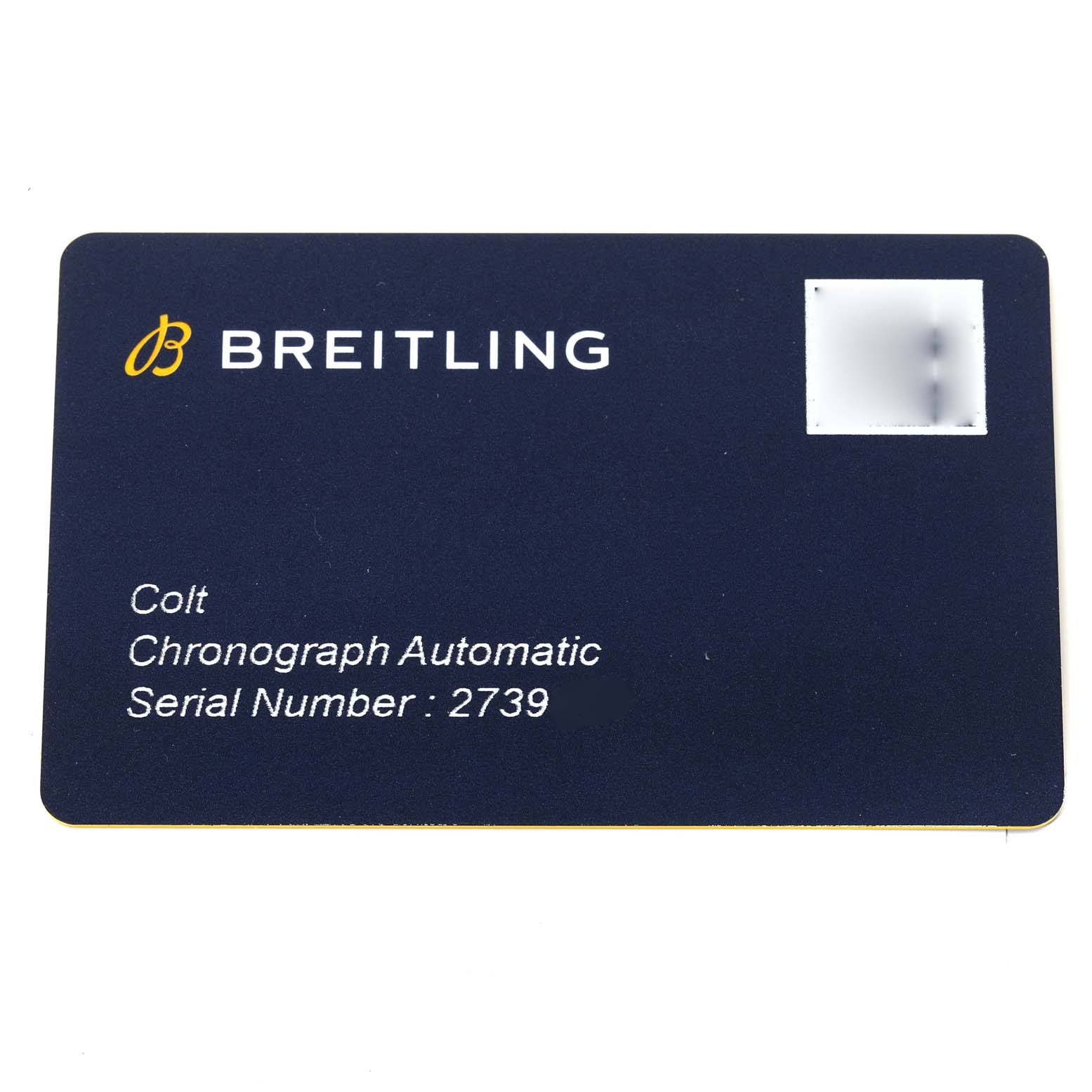 The image shows a warranty card for the Colt Chronograph Automatic watch by Breitling.