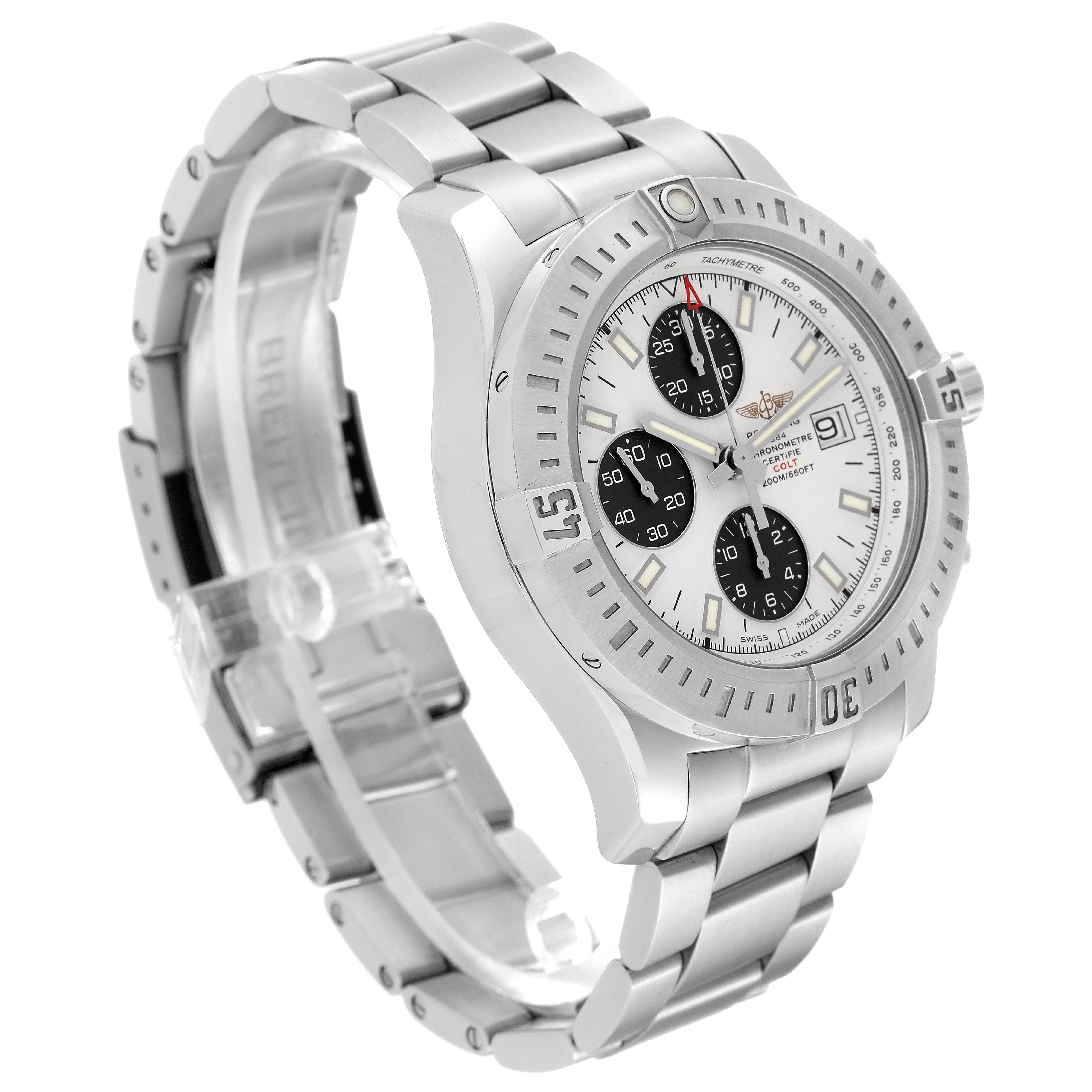 The image shows a Breitling Colt A13388 Men's Stainless Steel White Dial A13388 Men's Stainless Steel White Dial watch at a three-quarter angle, highlighting the silver bracelet, bezel, and white dial with chronograph sub-dials.
