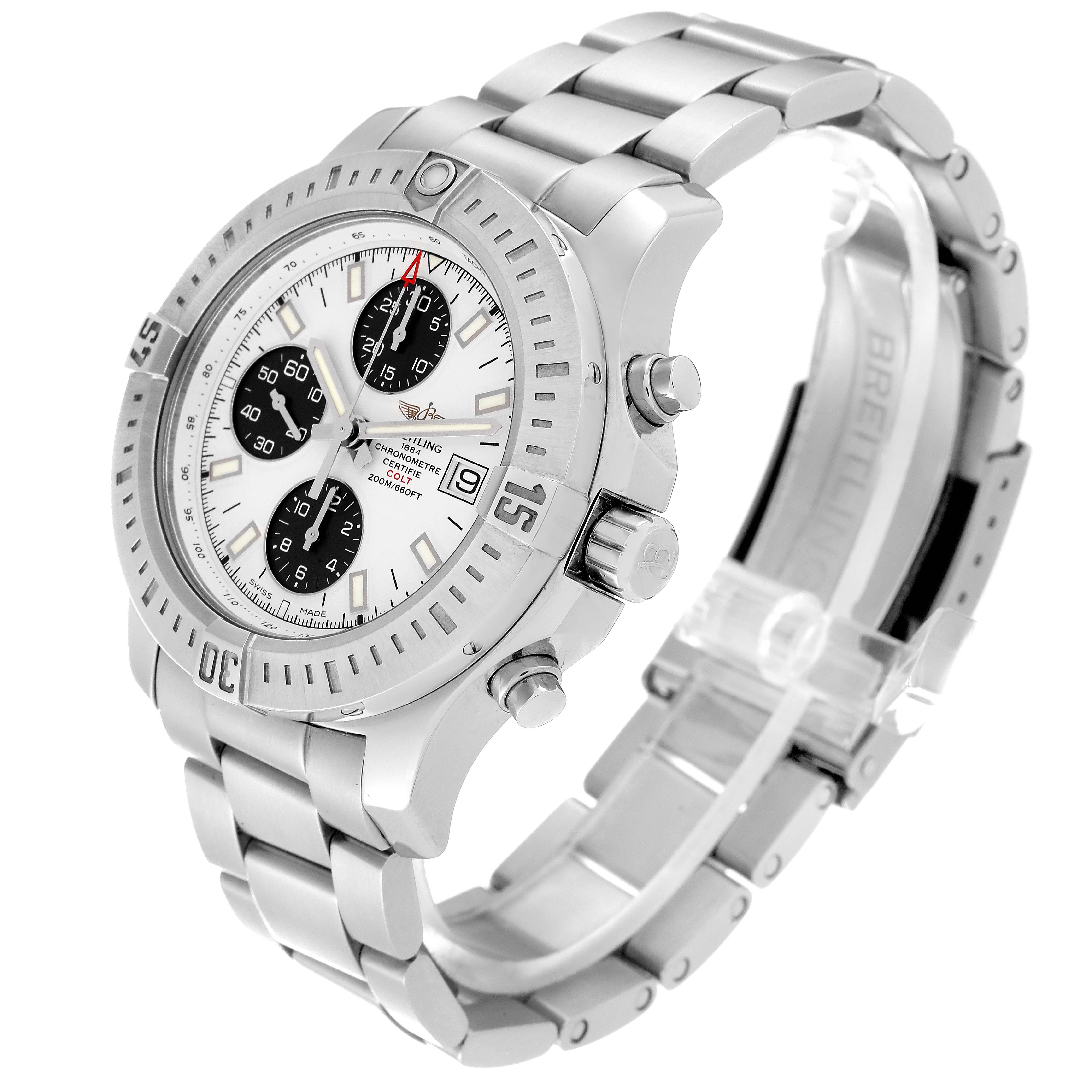 The Breitling Colt A13388 Men's Stainless Steel White Dial A13388 Men's Stainless Steel White Dial watch is shown at a three-quarter angle, displaying its face, bezel, crown, pushers, and metal bracelet.