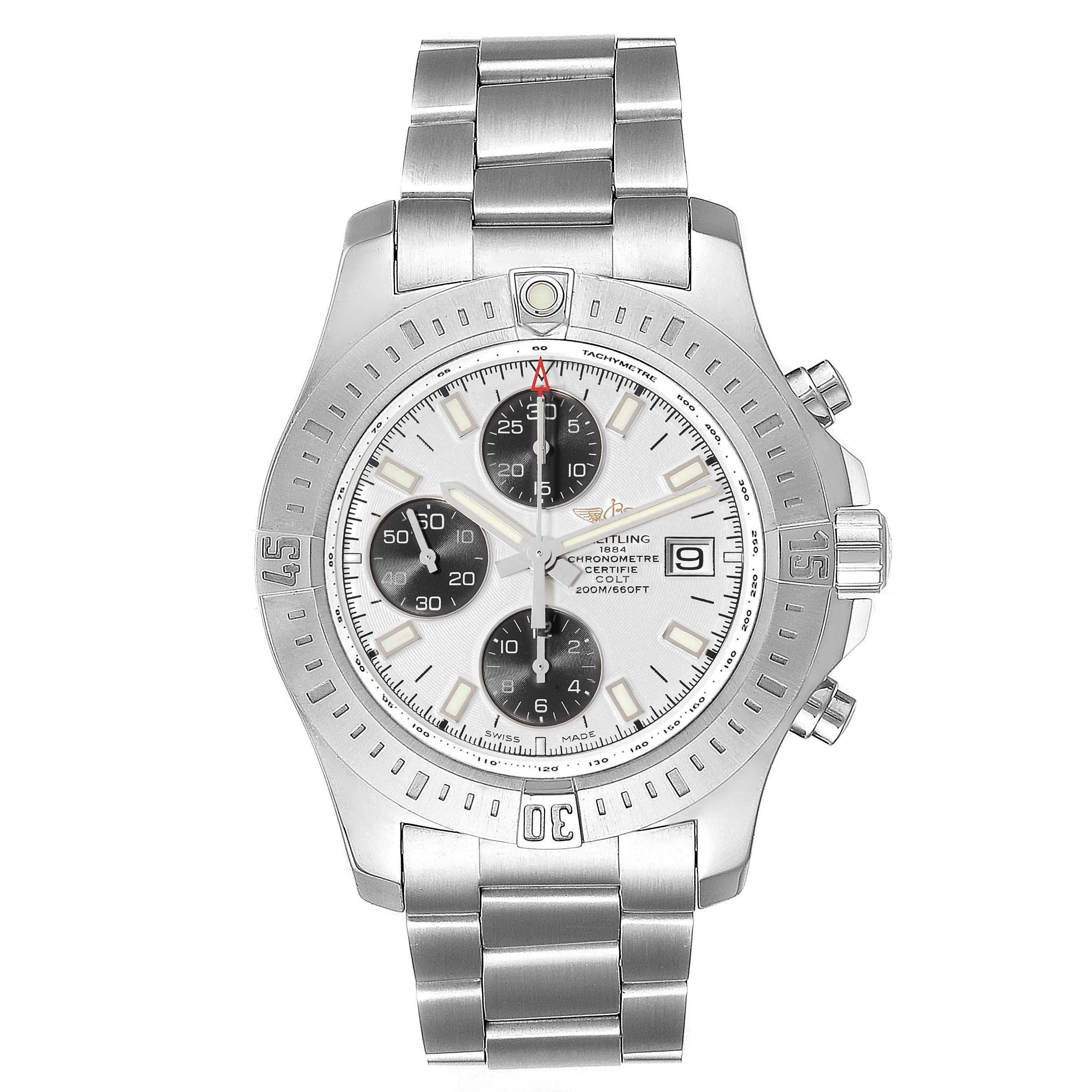 This image shows a Breitling Colt A13388 Men's Stainless Steel White Dial A13388 Men's Stainless Steel White Dial watch from the front, featuring the dial, bezel, and stainless steel bracelet.