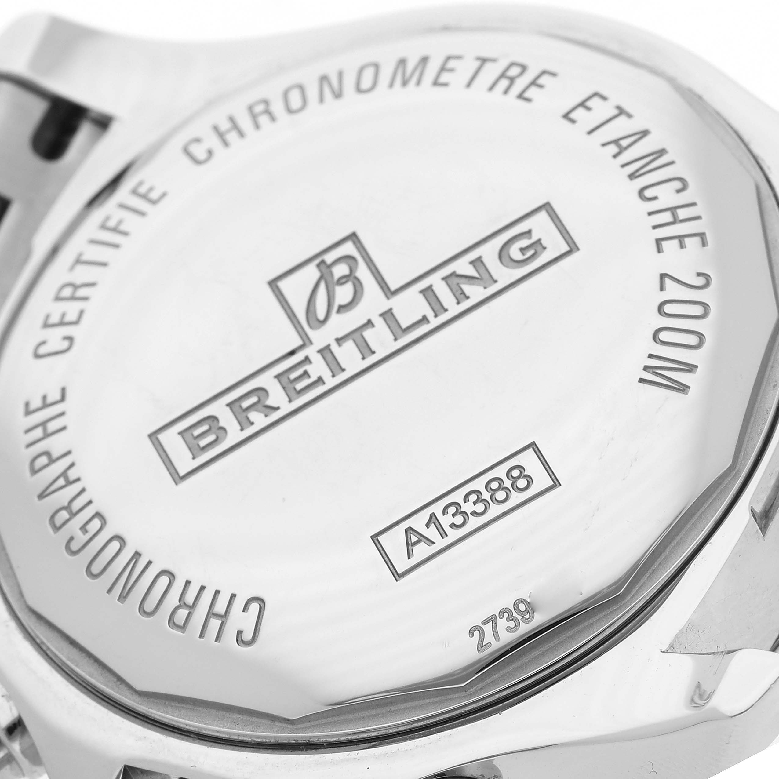 This image shows the back case of the Breitling Colt A13388 Men's Stainless Steel White Dial A13388 Men's Stainless Steel White Dial watch, highlighting the brand name, model number, and water resistance information.