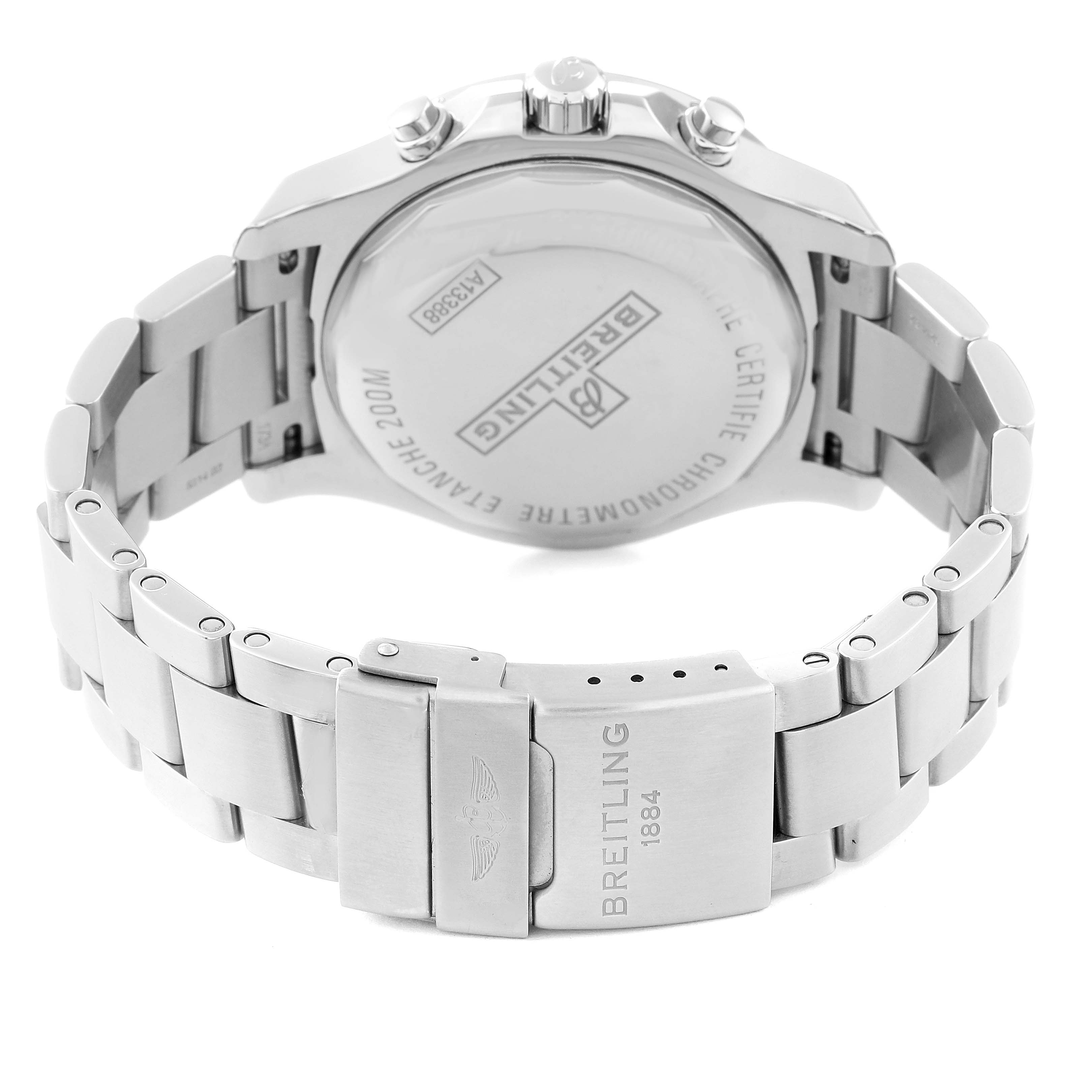 The image shows the back case and bracelet of a Breitling Colt A13388 Men's Stainless Steel White Dial A13388 Men's Stainless Steel White Dial watch at an angle.