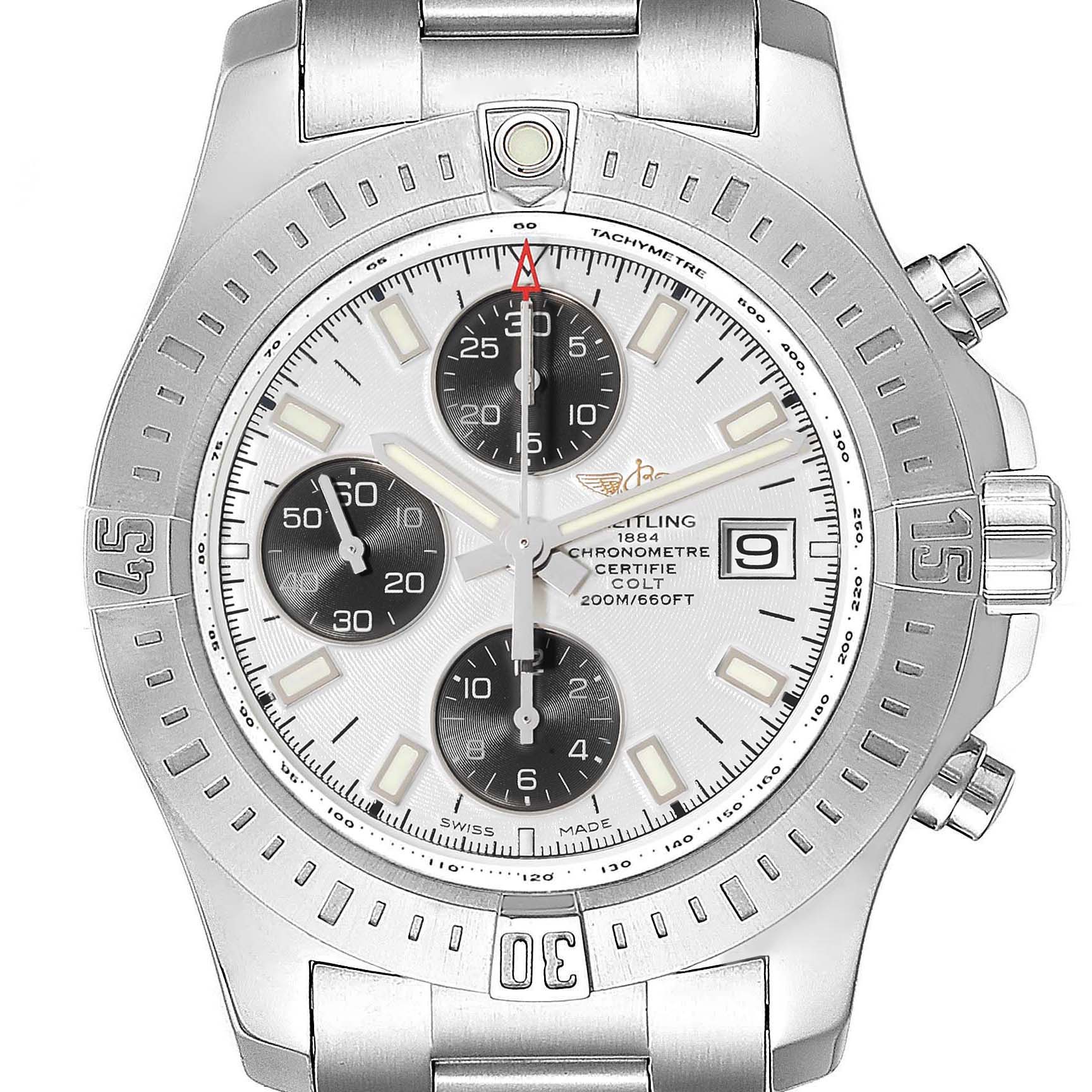 The image shows a front view of the Breitling Colt A13388 Men's Stainless Steel White Dial A13388 Men's Stainless Steel White Dial watch, displaying its bezel, dial, chronograph subdials, and date window.