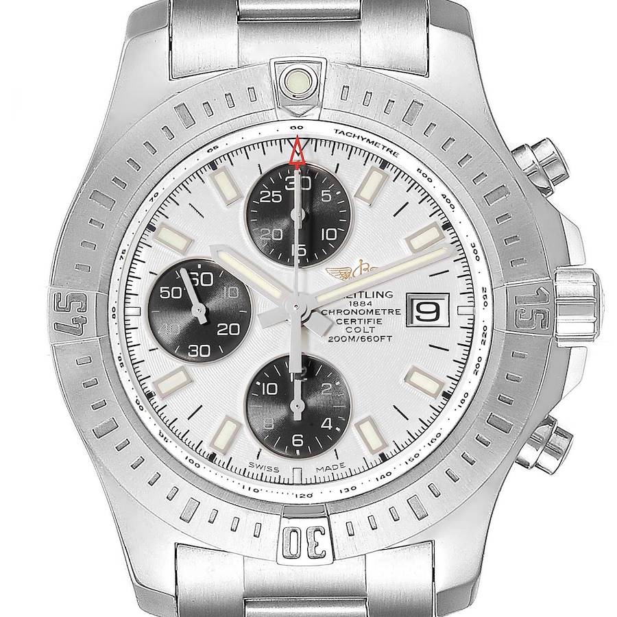 The image shows a front view of the Breitling Colt A13388 Men's Stainless Steel White Dial A13388 Men's Stainless Steel White Dial watch, displaying its bezel, dial, chronograph subdials, and date window.